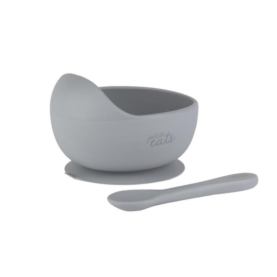 Babies Petite Eats Plates, Bowls, And Cutlery | Petite Eats Silicone Suction Bowl And Spoon - Pewter