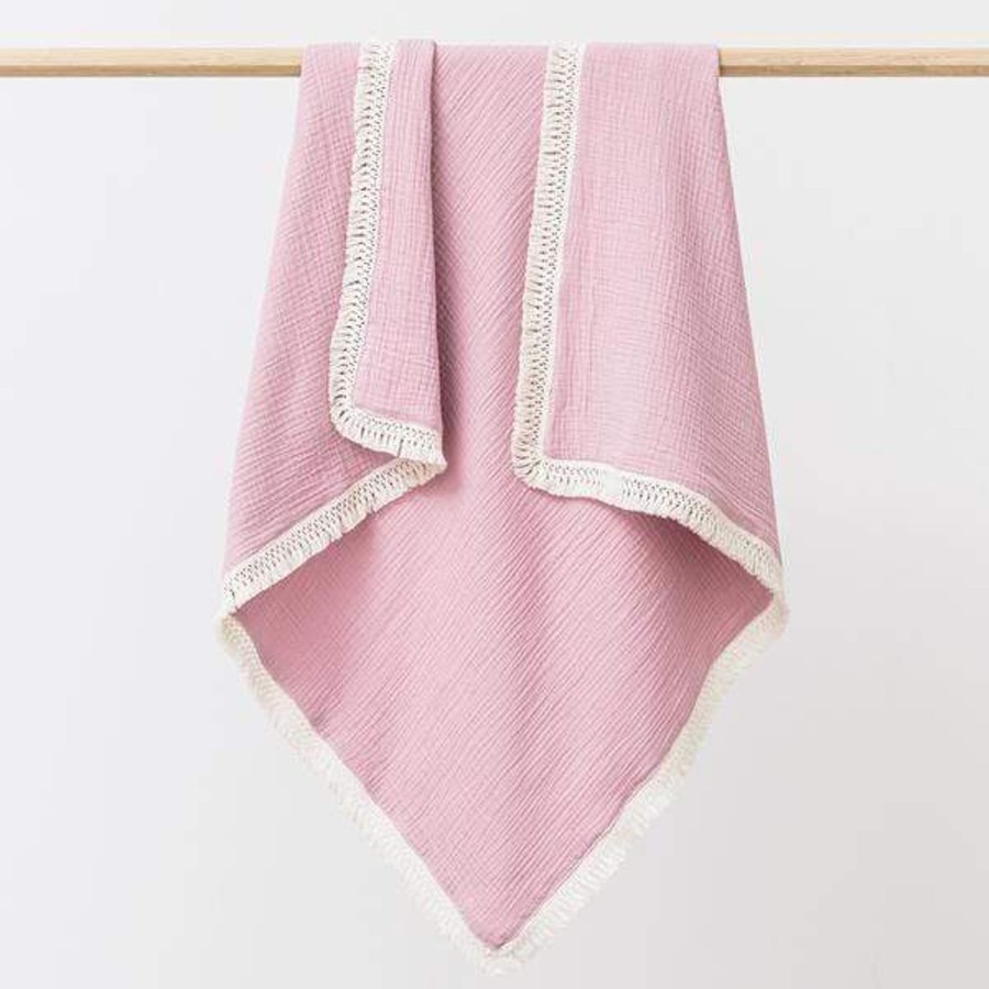 Babys Room Over the Dandelions Sheets And Blankets | Over The Dandelions Muslin Blanket With Boho Tassel Trim - Blush