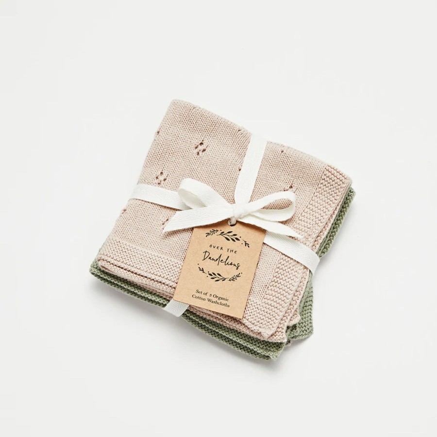 Books, Toys & Gifts Over the Dandelions Baby Shower Gifts | Over The Dandelions Organic Cotton Wash Cloth Set Of 3 - Fawn/ Thyme/ Glacier