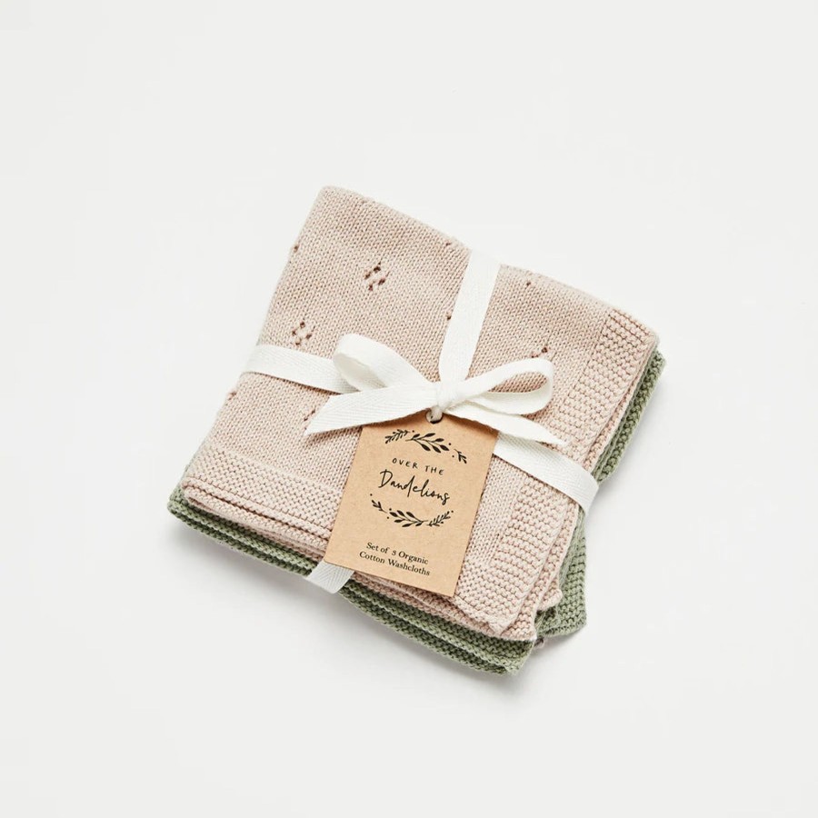 Books, Toys & Gifts Over the Dandelions Gifts For Mums | Over The Dandelions Organic Cotton Wash Cloth Set Of 3 - Fawn/ Thyme/ Glacier