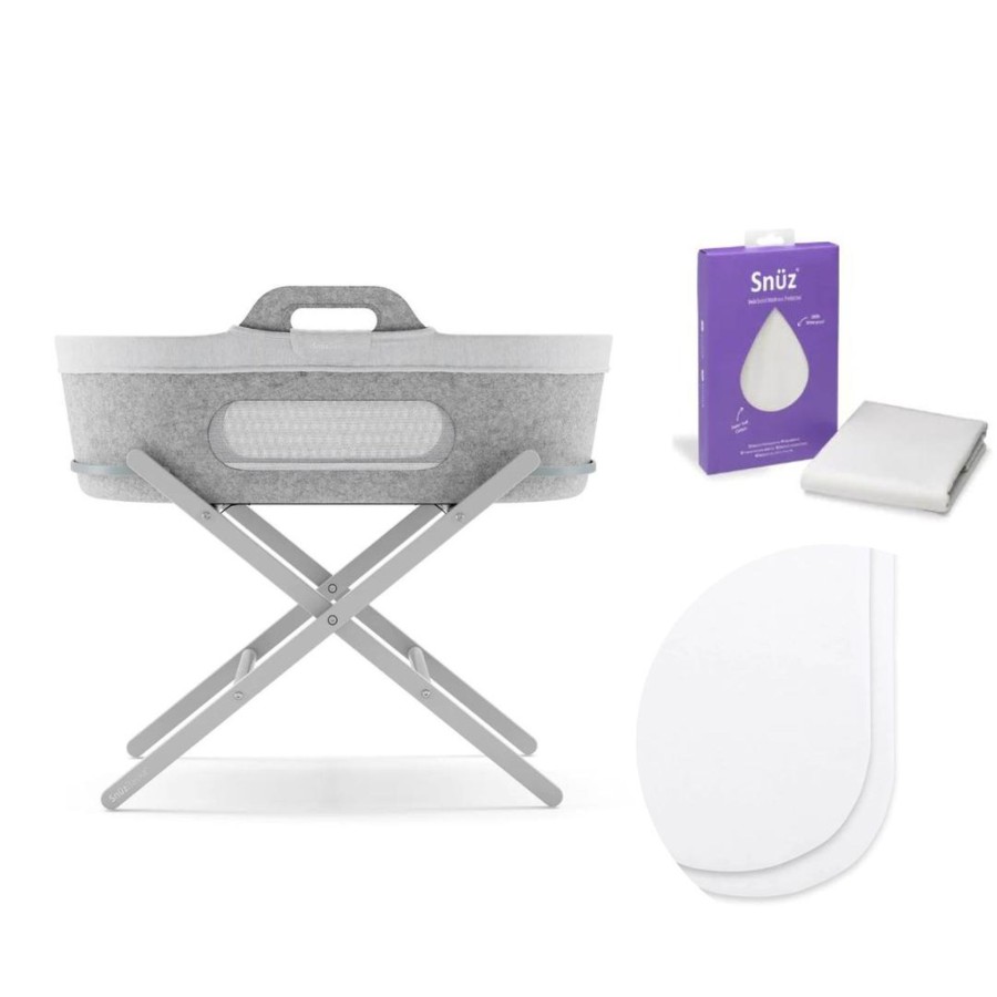 Babys Room Snuz Bassinets | Snuzbaskit Everything Bundle - Light Grey Moses Basket & Dove Stand - Choose Your Sheet Colour