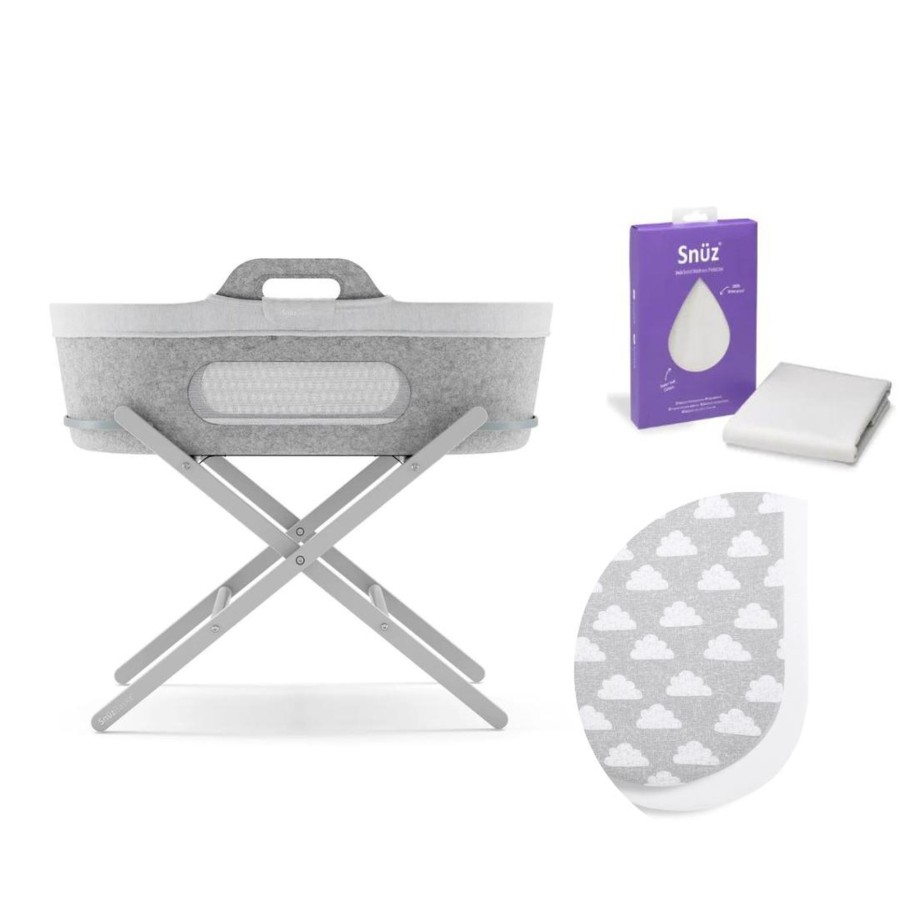 Babys Room Snuz Bassinets | Snuzbaskit Everything Bundle - Light Grey Moses Basket & Dove Stand - Choose Your Sheet Colour