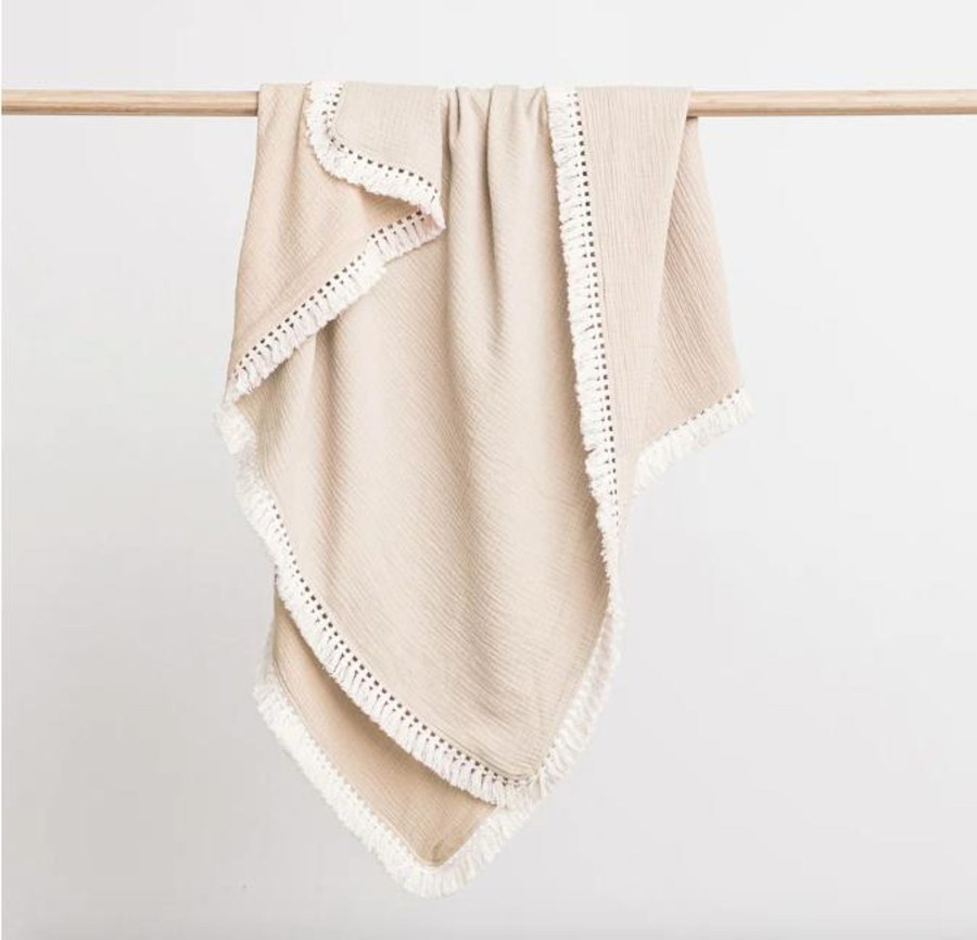 Babys Room Over the Dandelions Sheets And Blankets | Over The Dandelions Muslin Blanket With Boho Tassel Trim - Fringe Sand