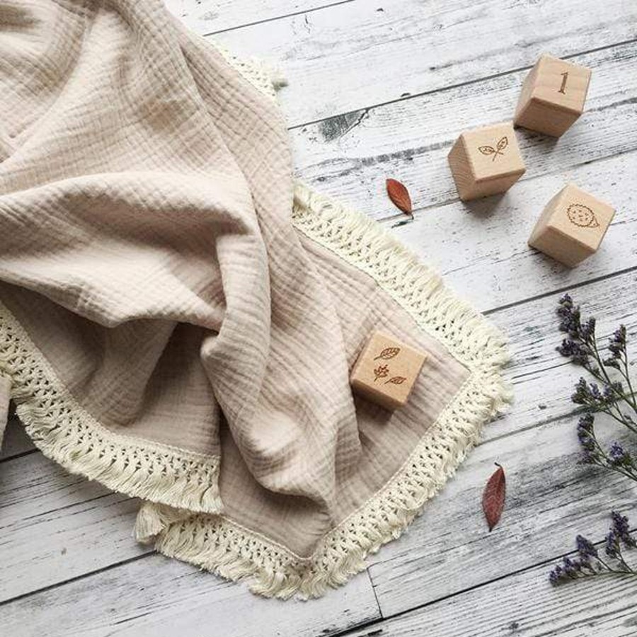 Babys Room Over the Dandelions Sheets And Blankets | Over The Dandelions Muslin Blanket With Boho Tassel Trim - Fringe Sand