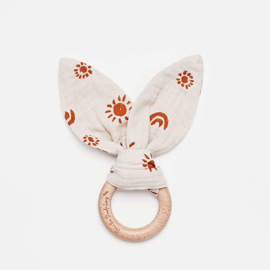 Books, Toys & Gifts Over the Dandelions Stocking Fillers | Over The Dandelions Muslin Bunny Ear Teether - Sand/Amber Sunny