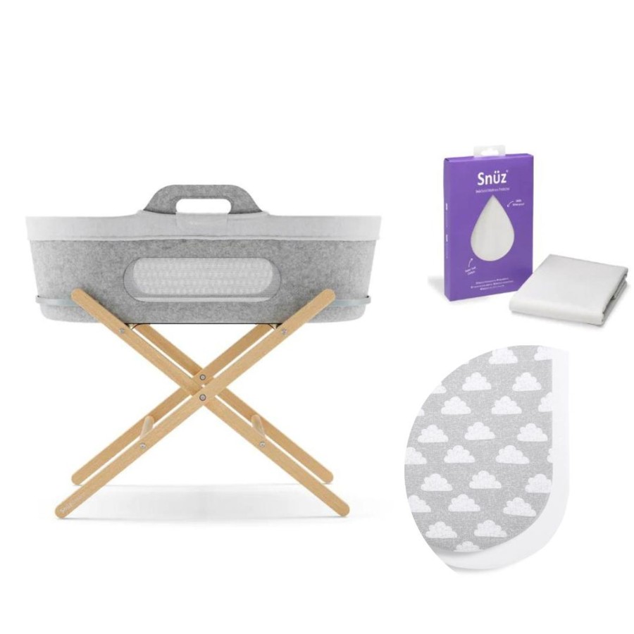 Babys Room Snuz Bassinets | Snuzbaskit Everything Bundle - Light Grey Moses Basket & Natural Stand - Choose Your Sheet Colour