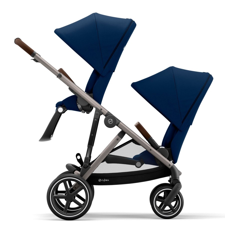 Going Places Cybex Double Strollers | Floor Model Cybex Gazelle S Double Stroller With Carrycot - Taupe/Navy Blue - Store Pickup Only